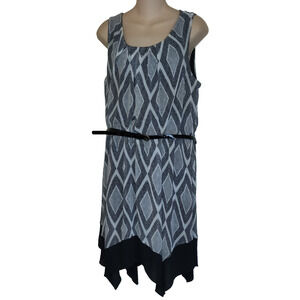 AB Studio Black & White Dress Womens Sz XL Belted Asymmetrical Bottom Chevron